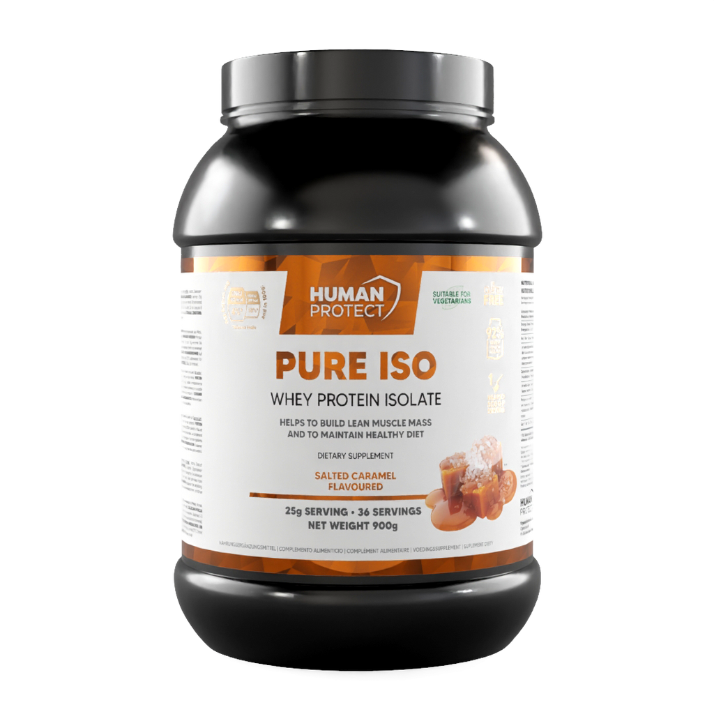 Pure Iso 900 g Salted Caramel whey protein isolate tub, side label details