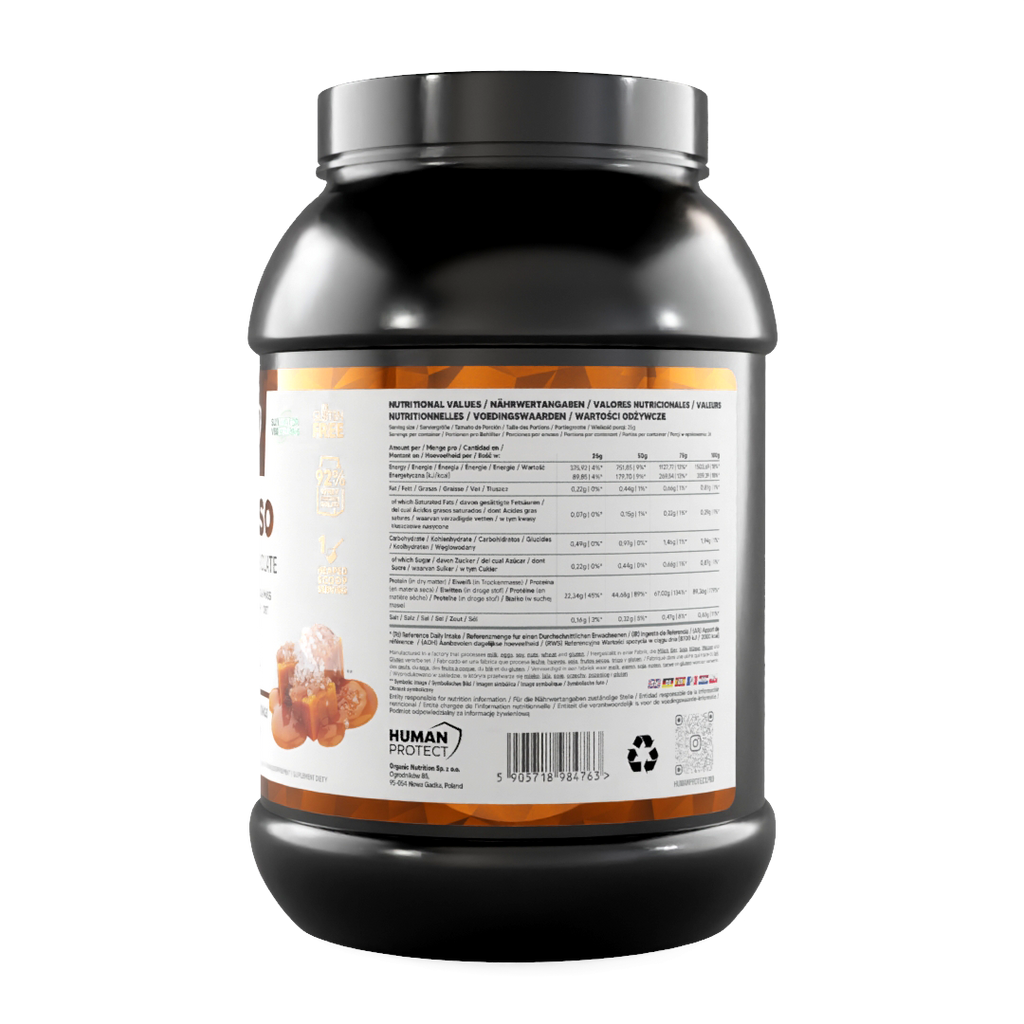 Pure Iso 900 g Salted Caramel whey protein isolate tub, back label with barcode