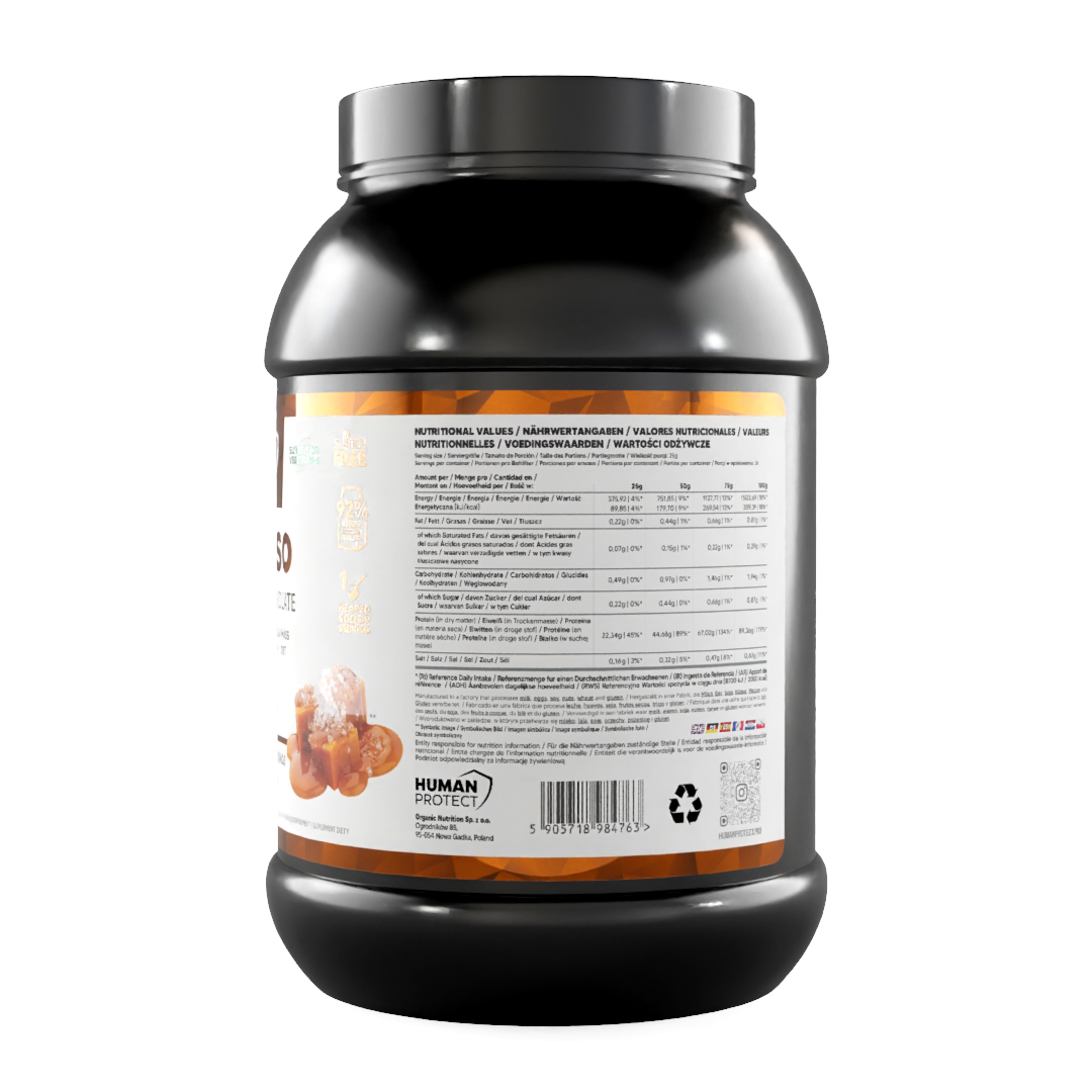 Pure Iso 900 g Salted Caramel whey protein isolate tub, back label with barcode