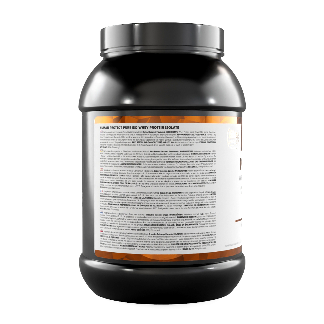 Pure Iso 900 g Salted Caramel whey protein isolate tub, back panel ingredient text