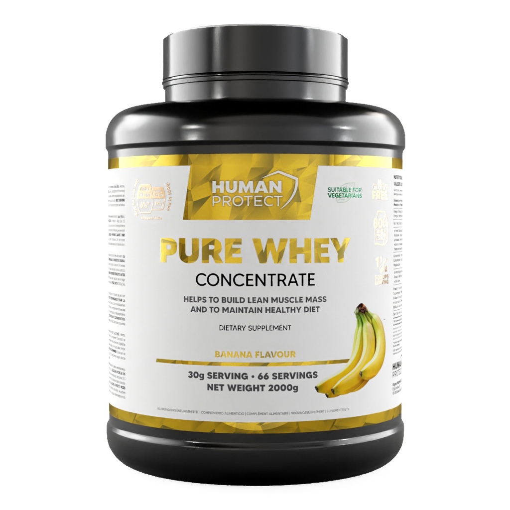 Pure Whey Banane 2000g Dose, Vorderseite mit „Pure Whey Concentrate“ und Banane