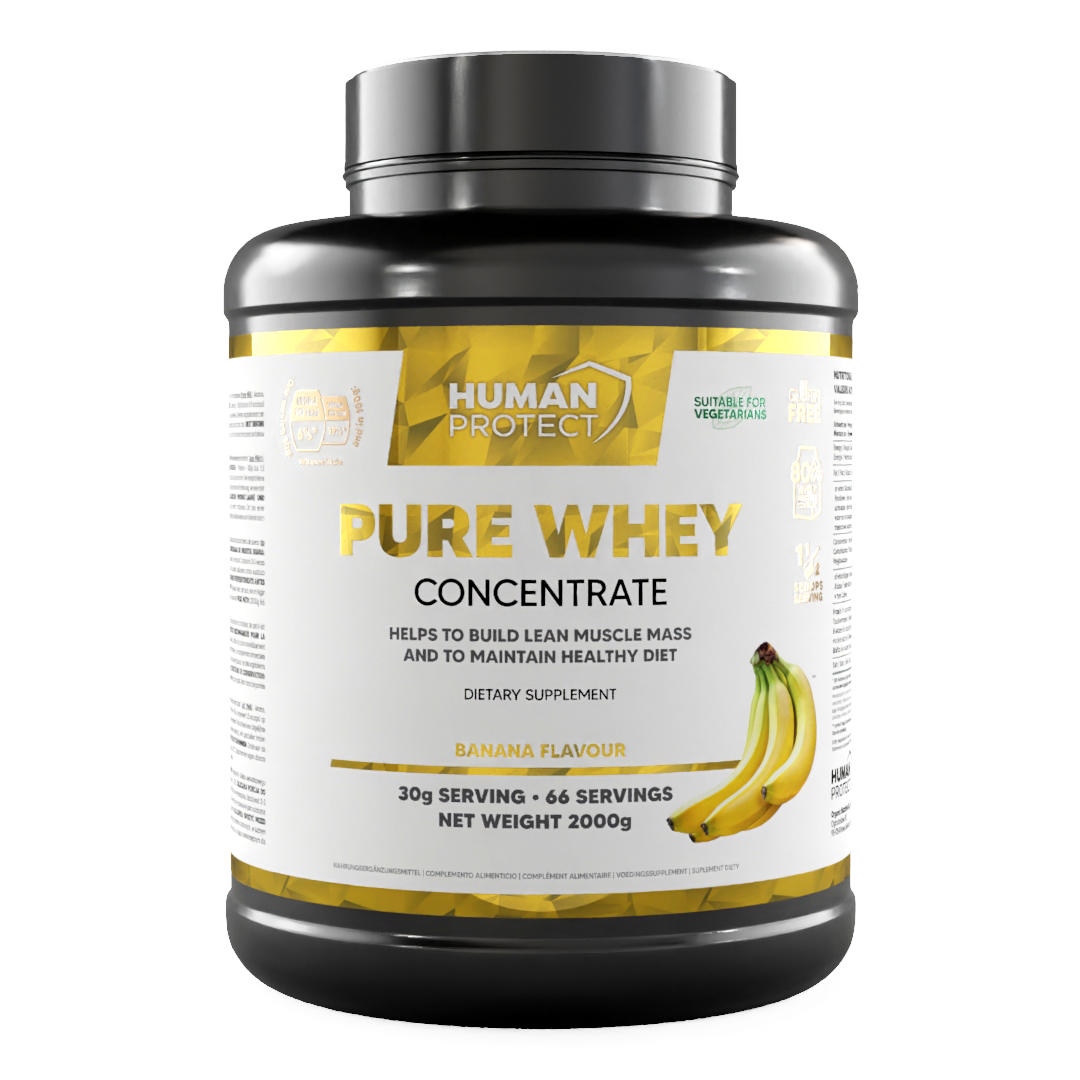 Pure Whey Banane 2000g Dose, Vorderseite mit „Pure Whey Concentrate“ und Banane