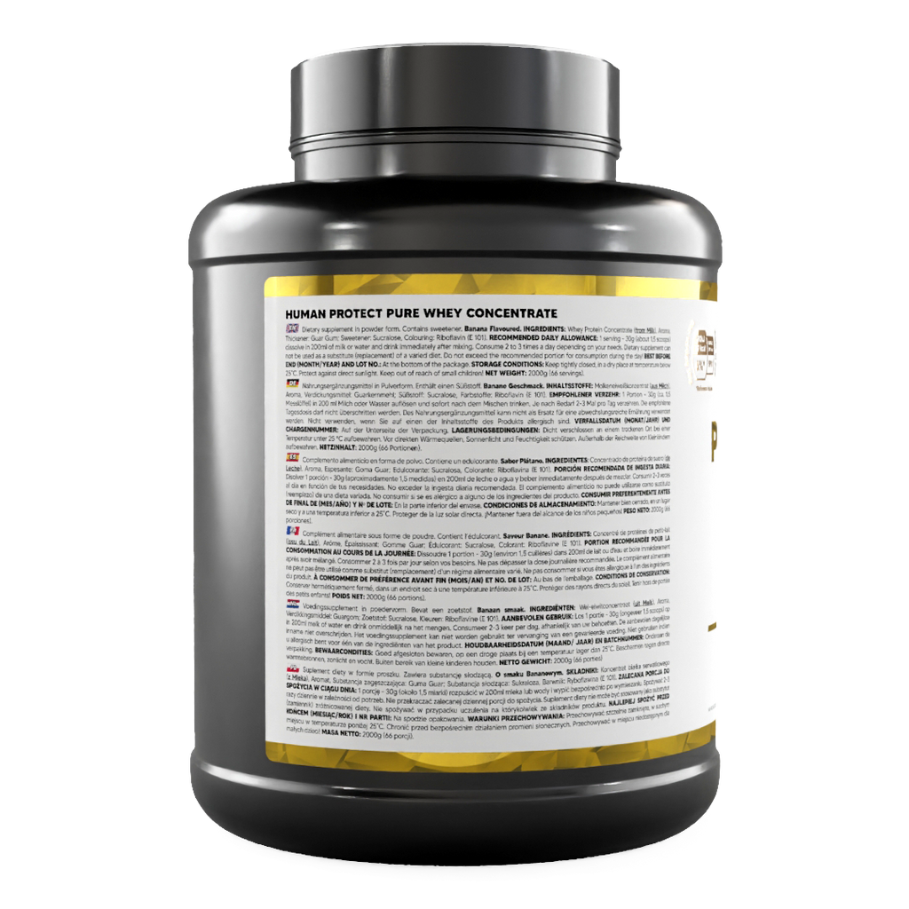 Pure Whey Banane 2000g Dose, Rückseite mit Inhaltsstoffen und Herstellerangaben