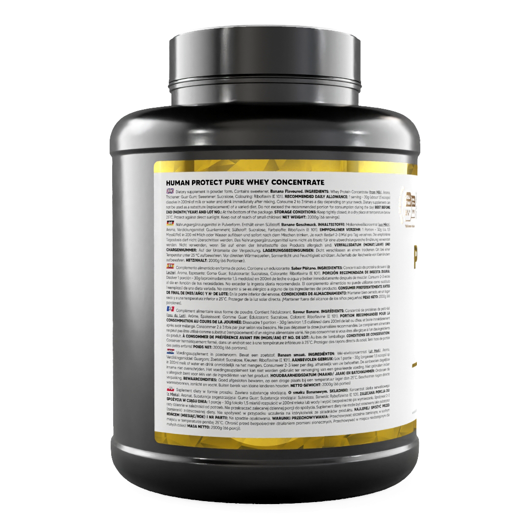Pure Whey Banane 2000g Dose, Rückseite mit Inhaltsstoffen und Herstellerangaben