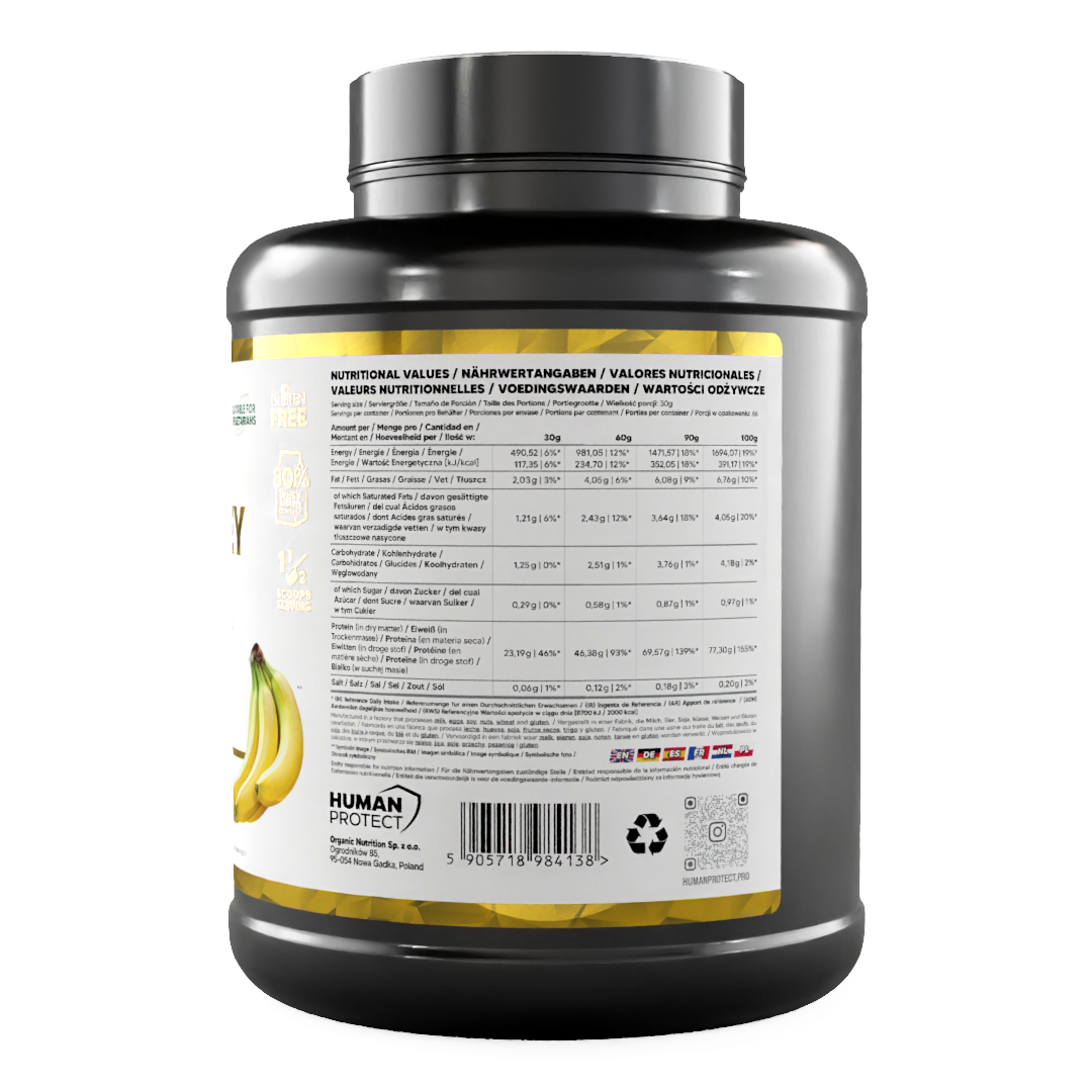 Pure Whey Banane 2000g Dose, Rückseite mit Nährwertangaben pro 100 g