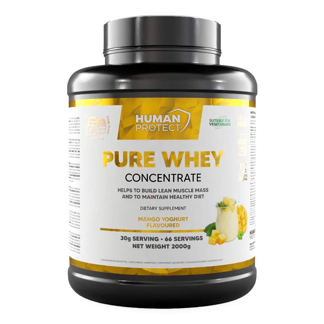 Pure Whey Concentrate Mango-Joghurt 2000g Dose, Frontlabel mit Serving-Angaben