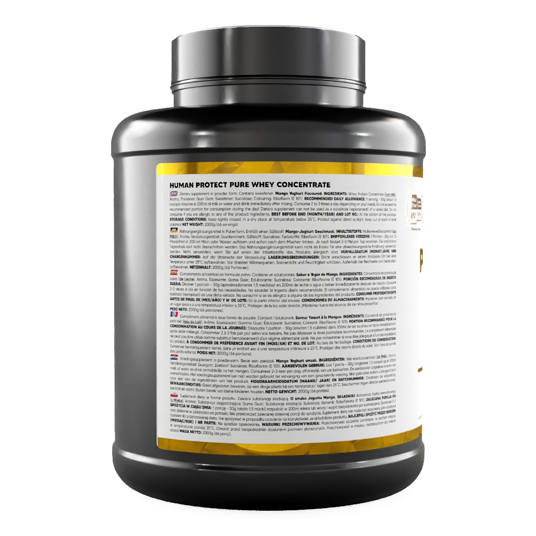 Pure Whey Mango-Joghurt 2000g Dose, Rückseite mit Zutaten- und Hinweistext