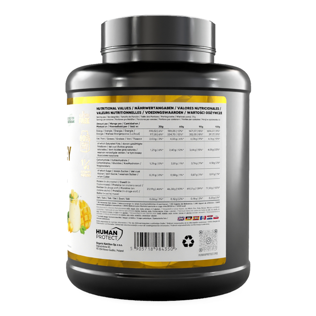 Pure Whey Mango-Joghurt 2000g Dose, Rückseite mit Nährwerten pro Portion
