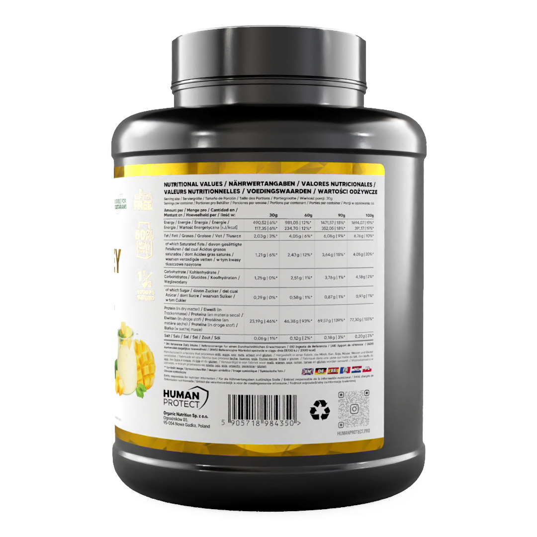Pure Whey Mango-Joghurt 2000g Dose, Rückseite mit Nährwerten pro Portion