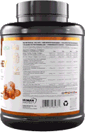Pure Whey Salted Caramel powder tub, nutrition table and barcode close-up