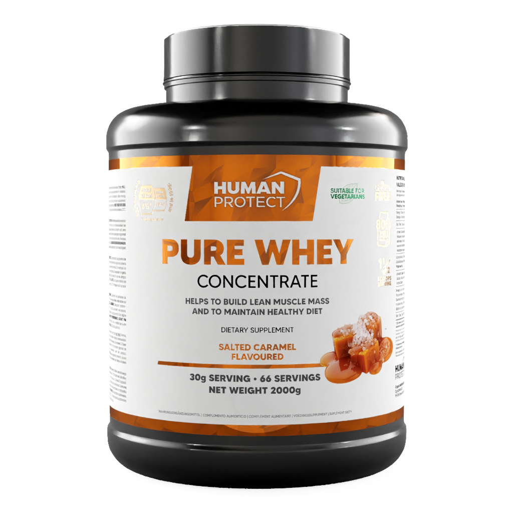 Pure Whey Concentrate tub, Salted Caramel flavor front label
