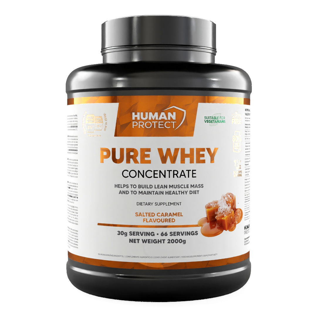 Pure Whey Concentrate tub, Salted Caramel flavor front label