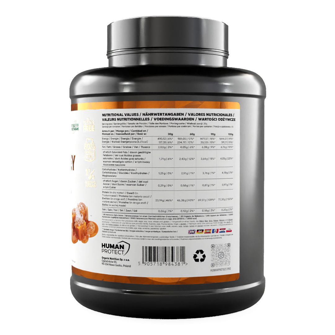 Pure Whey Salted Caramel nutrition facts panel on powder tub