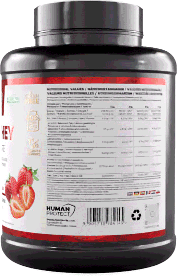 Pure Whey Strawberry protein powder tub with nutrition/ingredients label on back