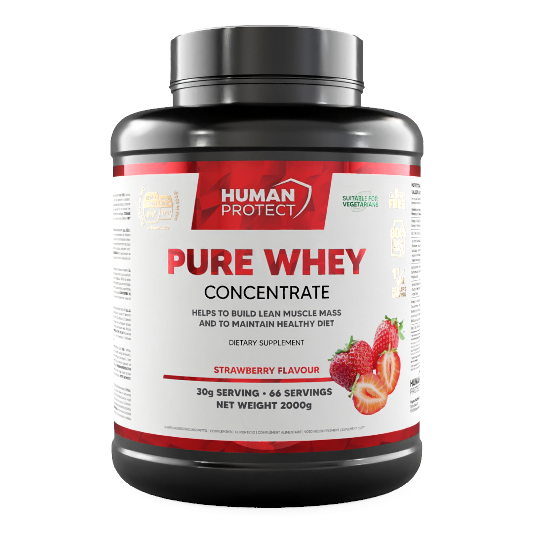Human Protect Pure Whey concentrate tub, strawberry flavor, 2000g size, front label