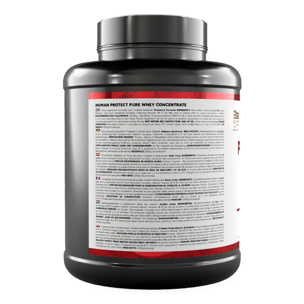Pure Whey Strawberry protein powder tub with text-heavy directions/ingredients panel on back