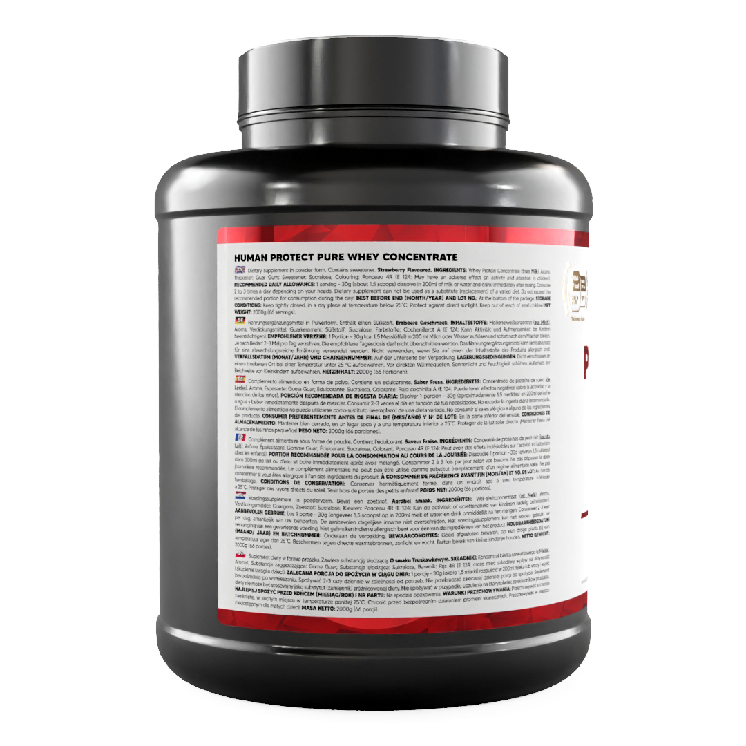 Pure Whey Strawberry protein powder tub with text-heavy directions/ingredients panel on back