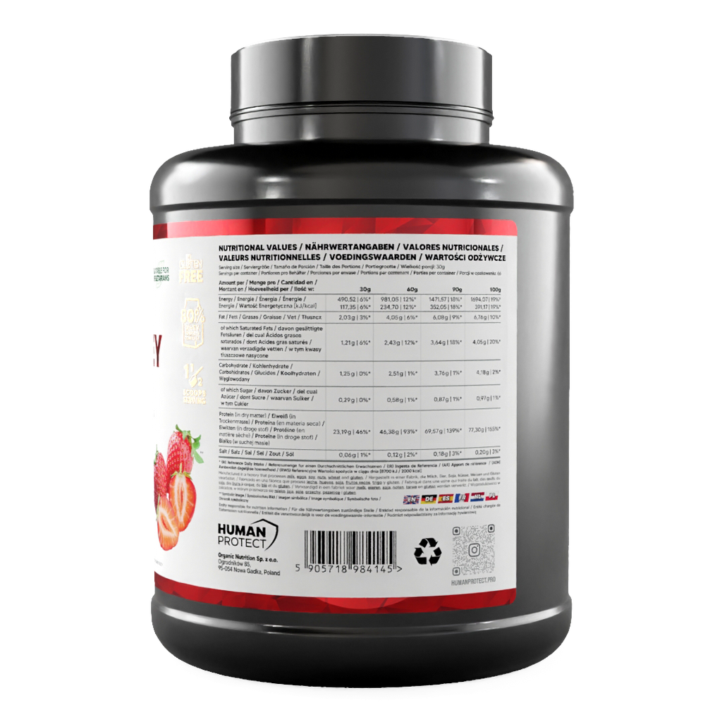 Pure Whey Strawberry tub showing nutrition facts panel on the back label