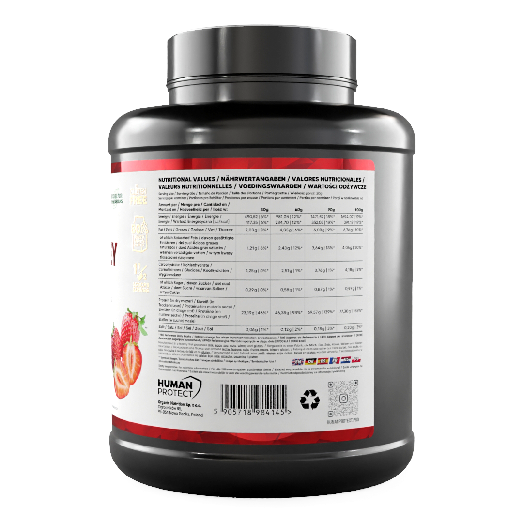 Pure Whey Strawberry tub showing nutrition facts panel on the back label