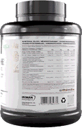 Whey protein powder tub, silver lid, back label with barcode and ingredients
