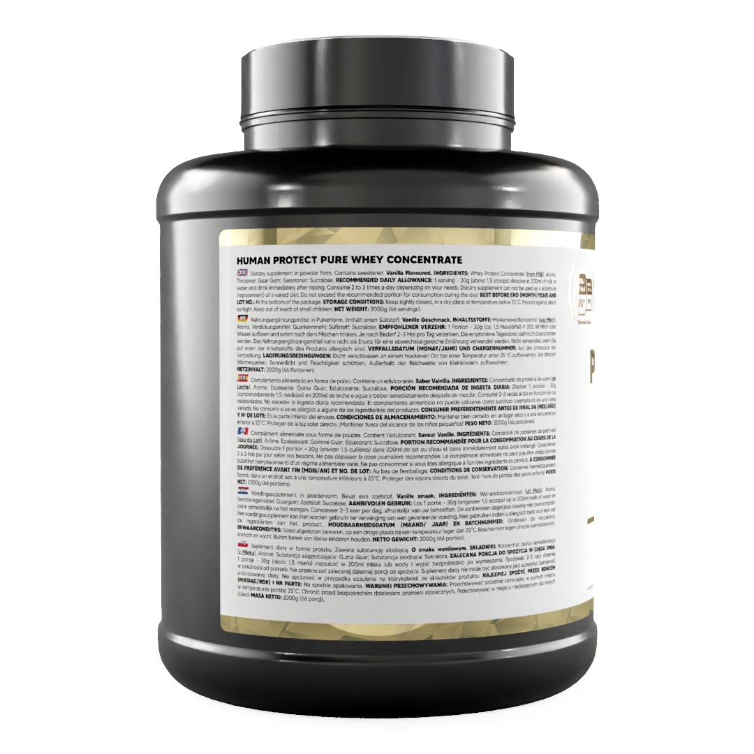 Pure Whey Vanille 2000g Dose: Rückseite mit Zutaten- und Nährwerttext