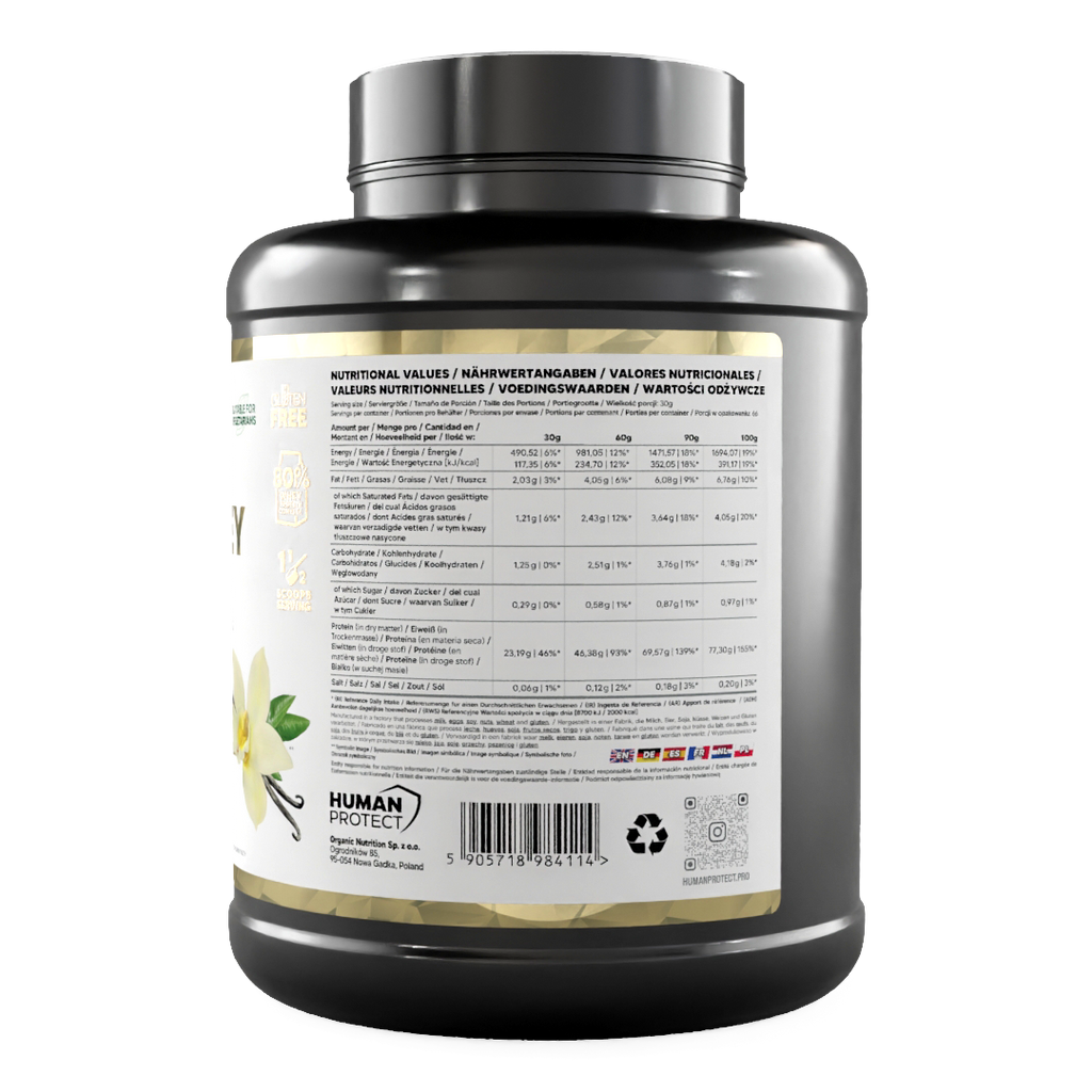 Pure Whey Vanille 2000g Dose: Rückseite mit Nährwerttabelle und Barcode
