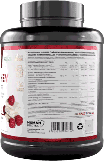 Pure Whey Dose: Nährwert-/Zutatenetikett, Himbeer-Design, Barcode