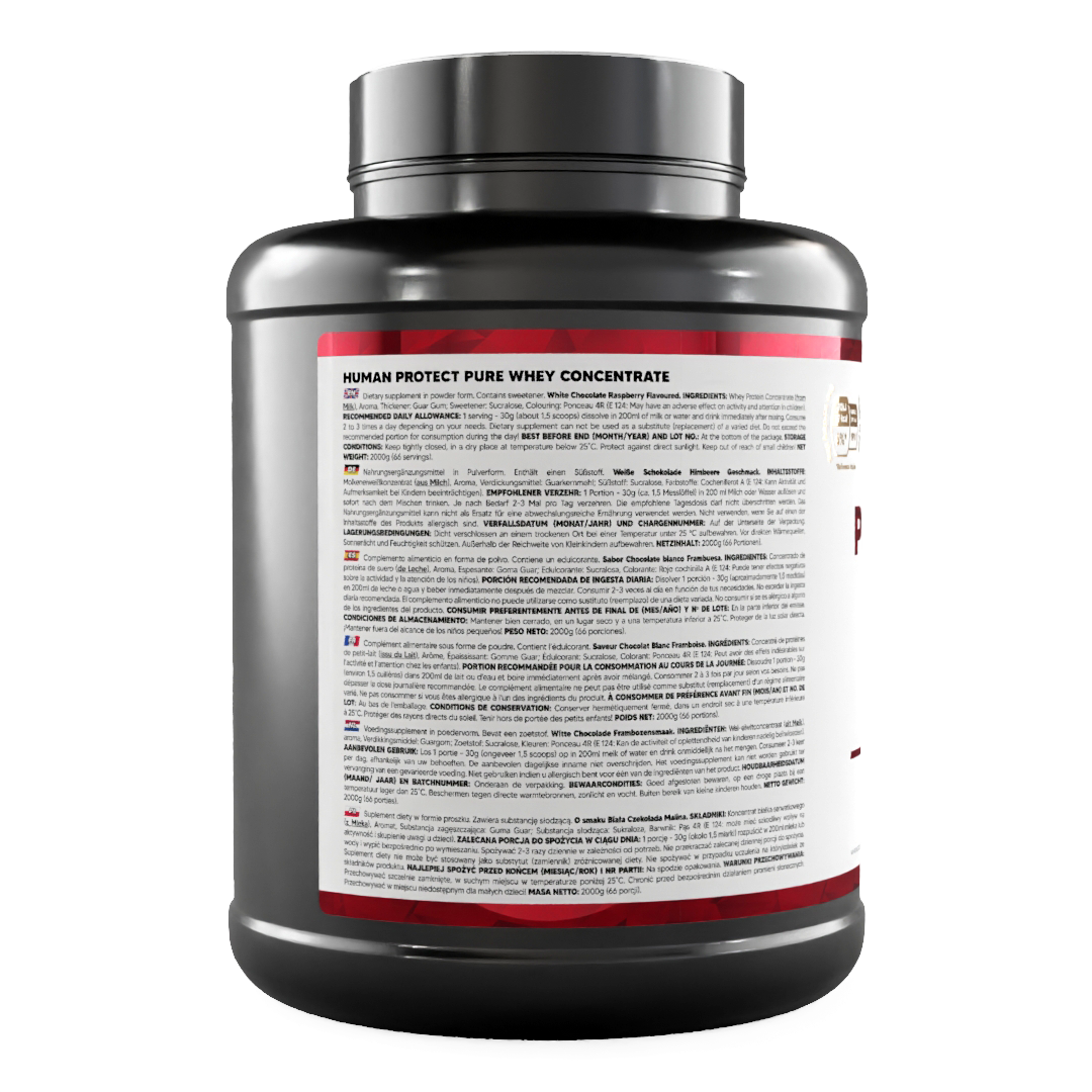 Rückseitenetikett der Pure Whey Dose mit Dosierhinweisen und Angaben