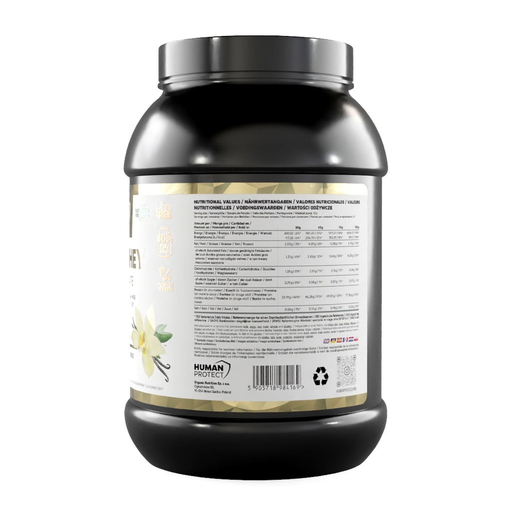 Reines Whey-Konzentrat Vanille, Etikett mit Nährwerttabelle auf 900‑g‑Dose
