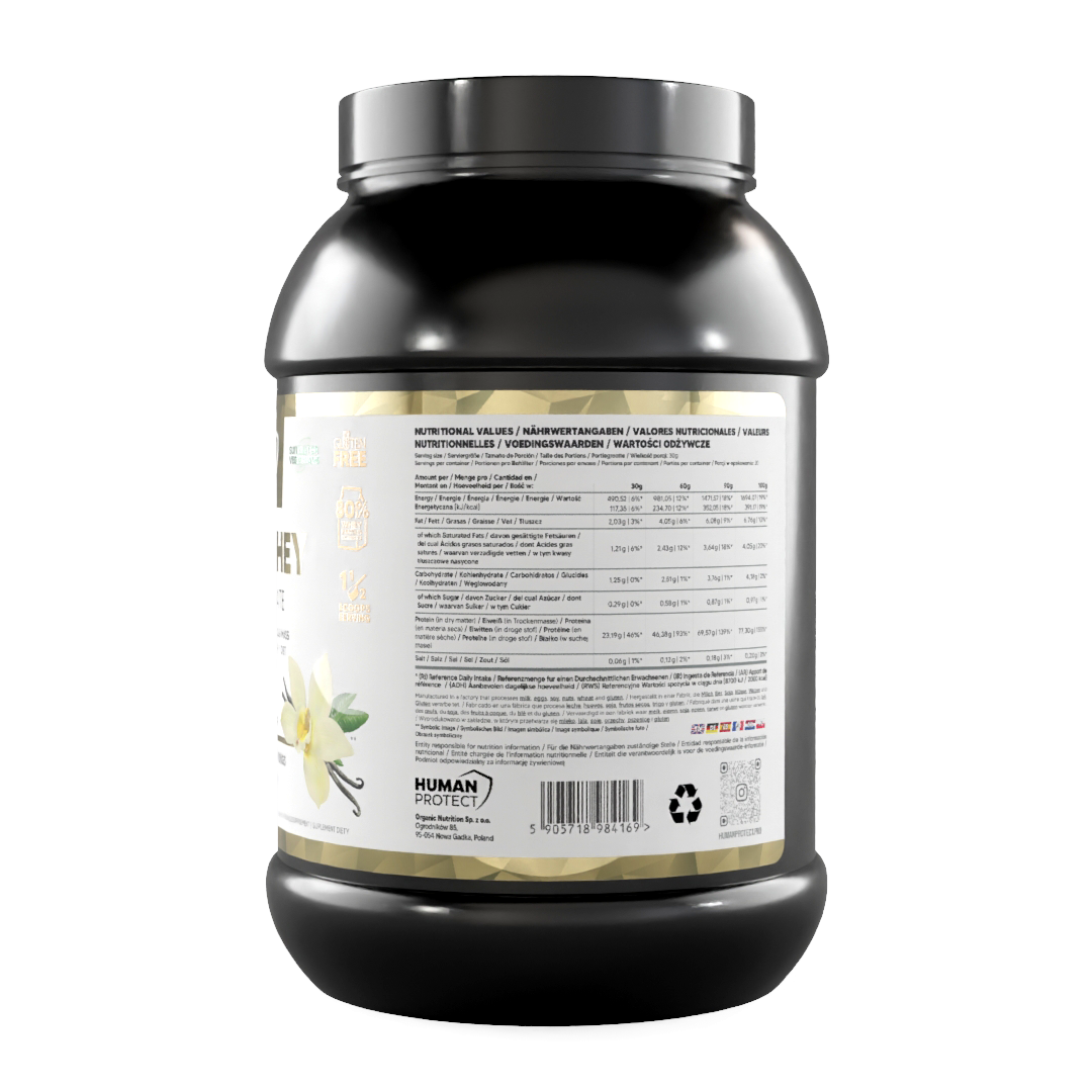 Reines Whey-Konzentrat Vanille, Etikett mit Nährwerttabelle auf 900‑g‑Dose