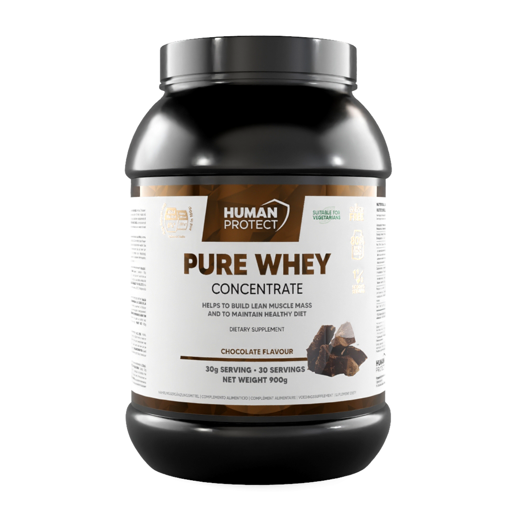 Pure-Whey-Konzentrat in 900-g-Flasche, Schoko, Vorderseite mit HUMAN PROTECT Logo