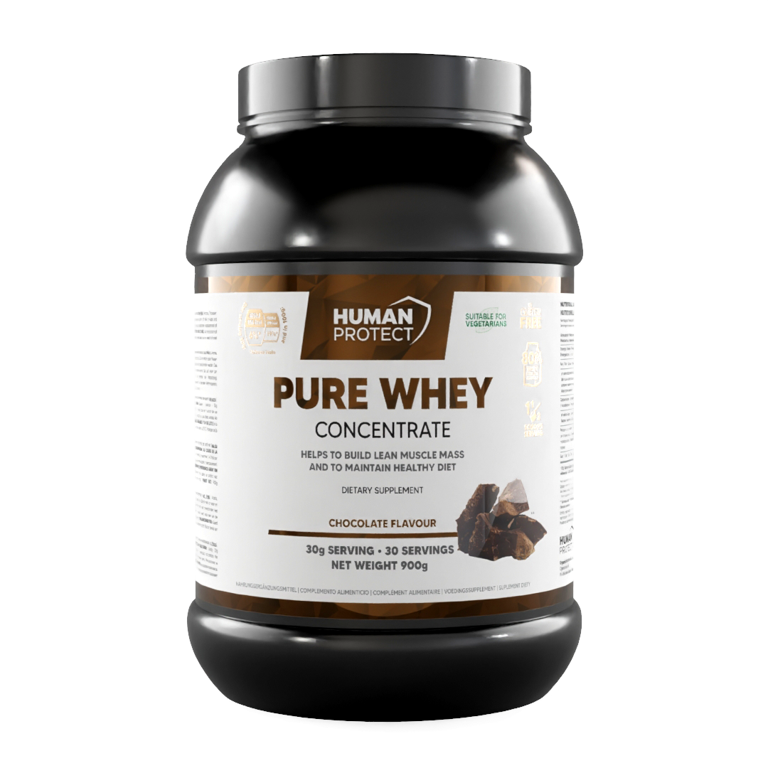 Pure-Whey-Konzentrat in 900-g-Flasche, Schoko, Vorderseite mit HUMAN PROTECT Logo