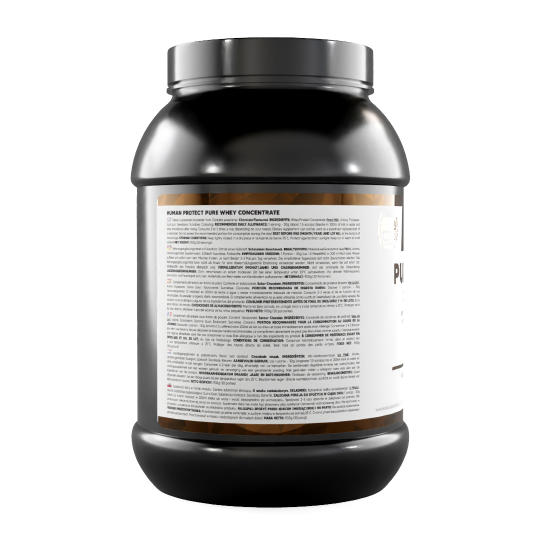 Pure-Whey 900-g-Flasche, Rückseitenetikett mit Zutaten- und Nährwertdetails