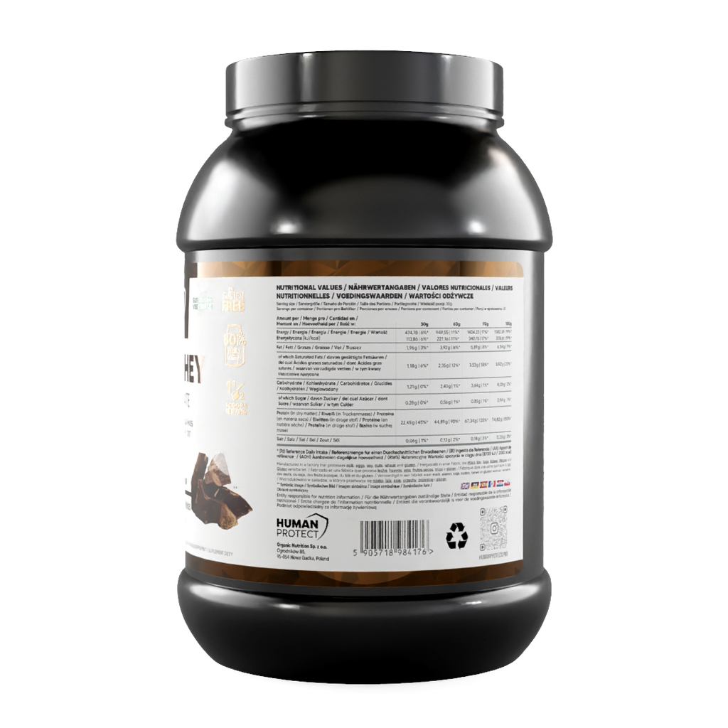Pure-Whey 900-g-Flasche, Rückseite mit Nährwerten und Mengenangaben