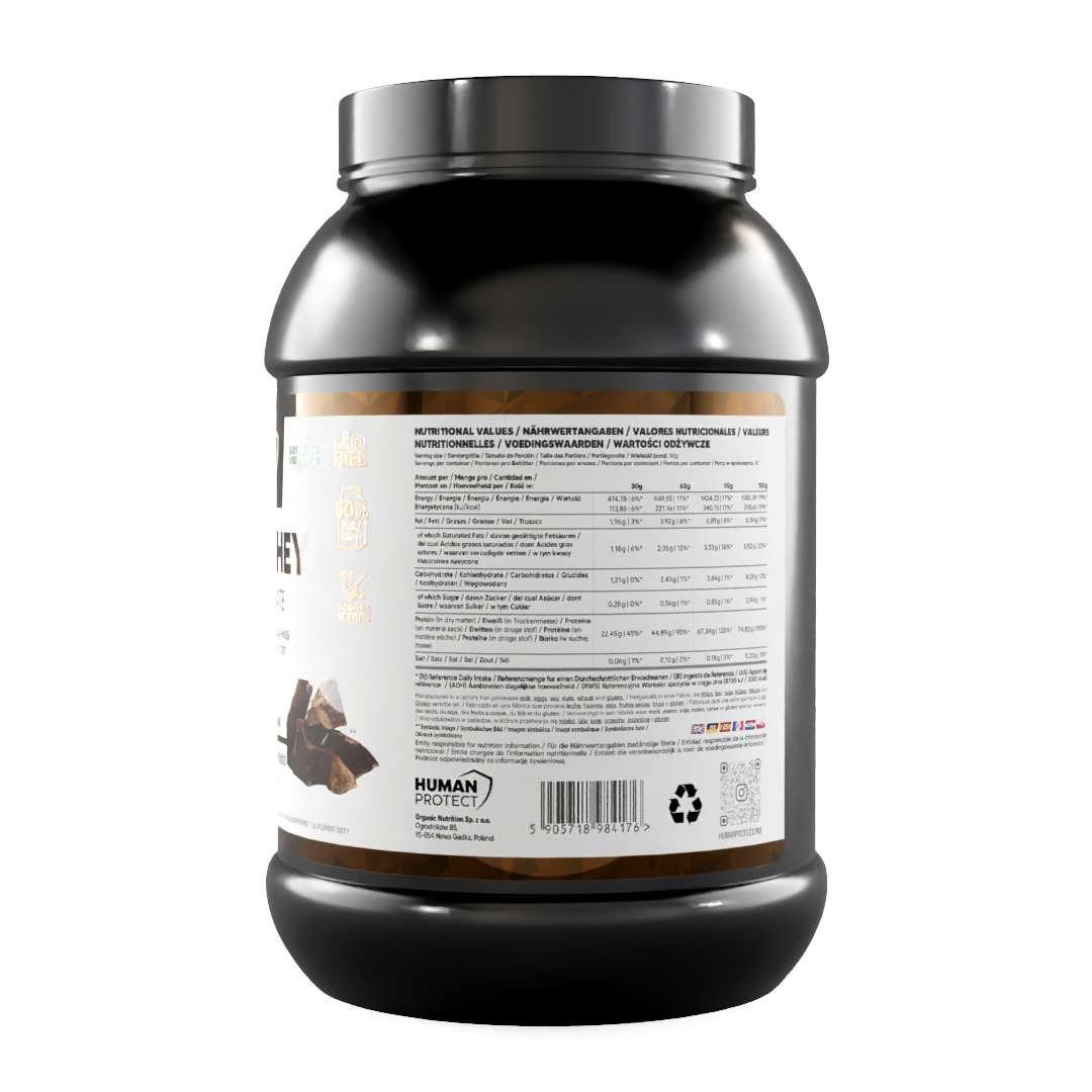 Pure-Whey 900-g-Flasche, Rückseite mit Nährwerten und Mengenangaben