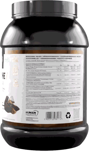 Proteinpulver-Flasche (Rückseite) mit Nährwerttabelle und Zutatenliste