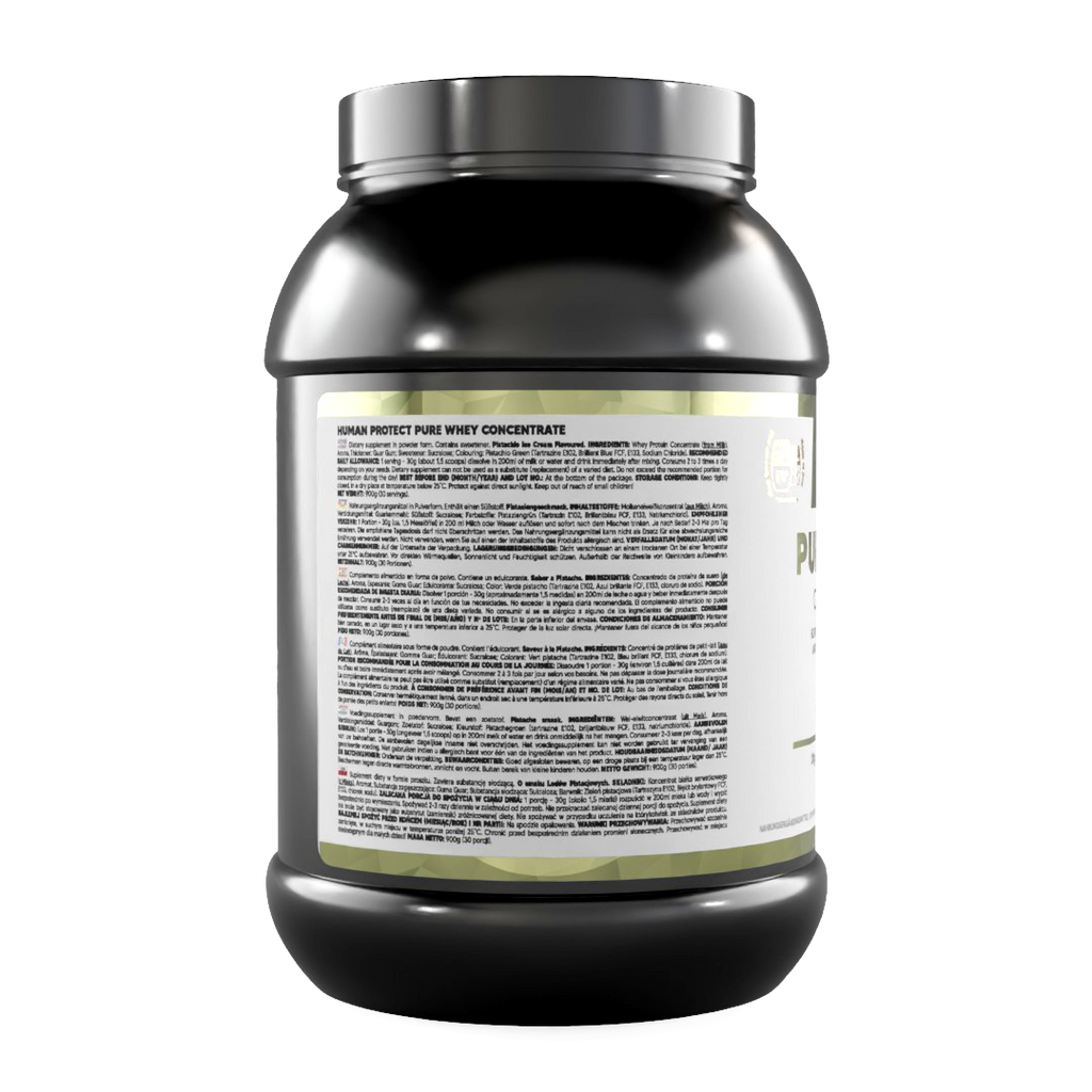 Human Protect Pure Whey Protein-Konzentrat, Rückseitenetikett mit Text, 900 g