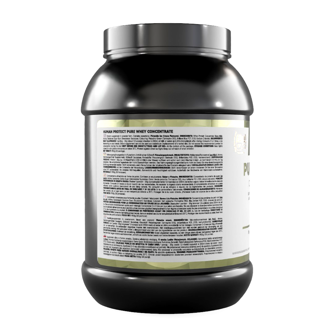 Human Protect Pure Whey Protein-Konzentrat, Rückseitenetikett mit Text, 900 g