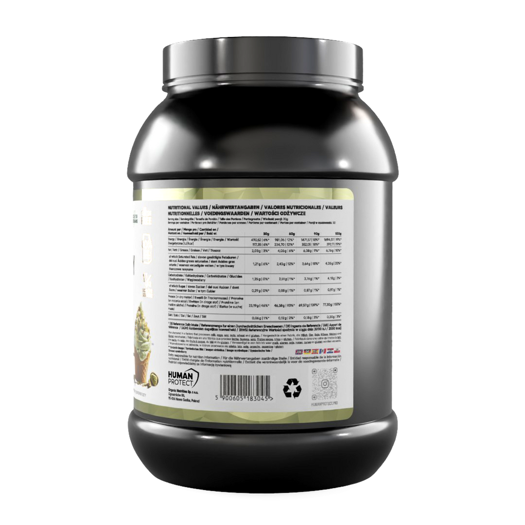 Human Protect Pure Whey Protein-Konzentrat, Nährwerttabelle am Etikett, 900 g Dose