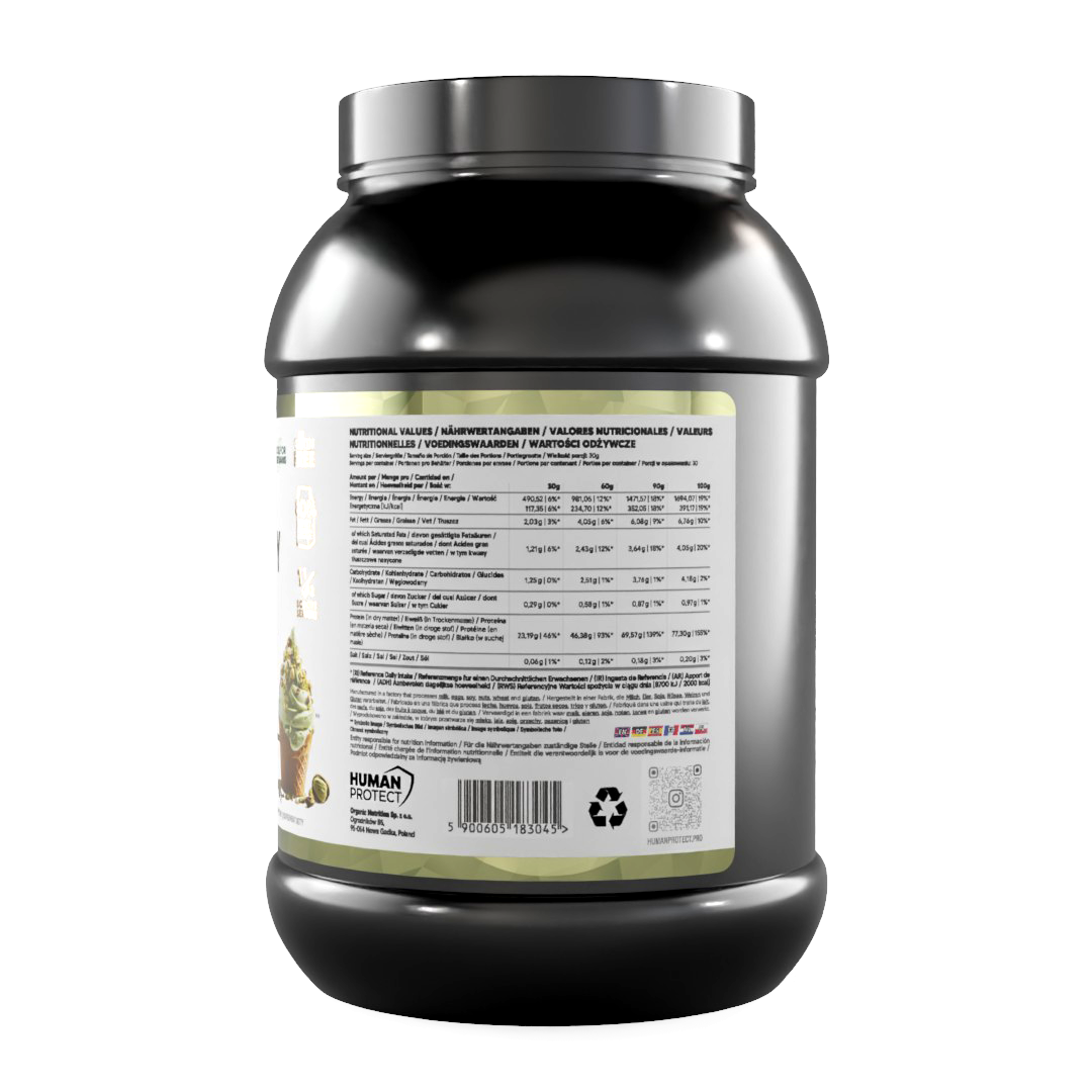 Human Protect Pure Whey Protein-Konzentrat, Nährwerttabelle am Etikett, 900 g Dose