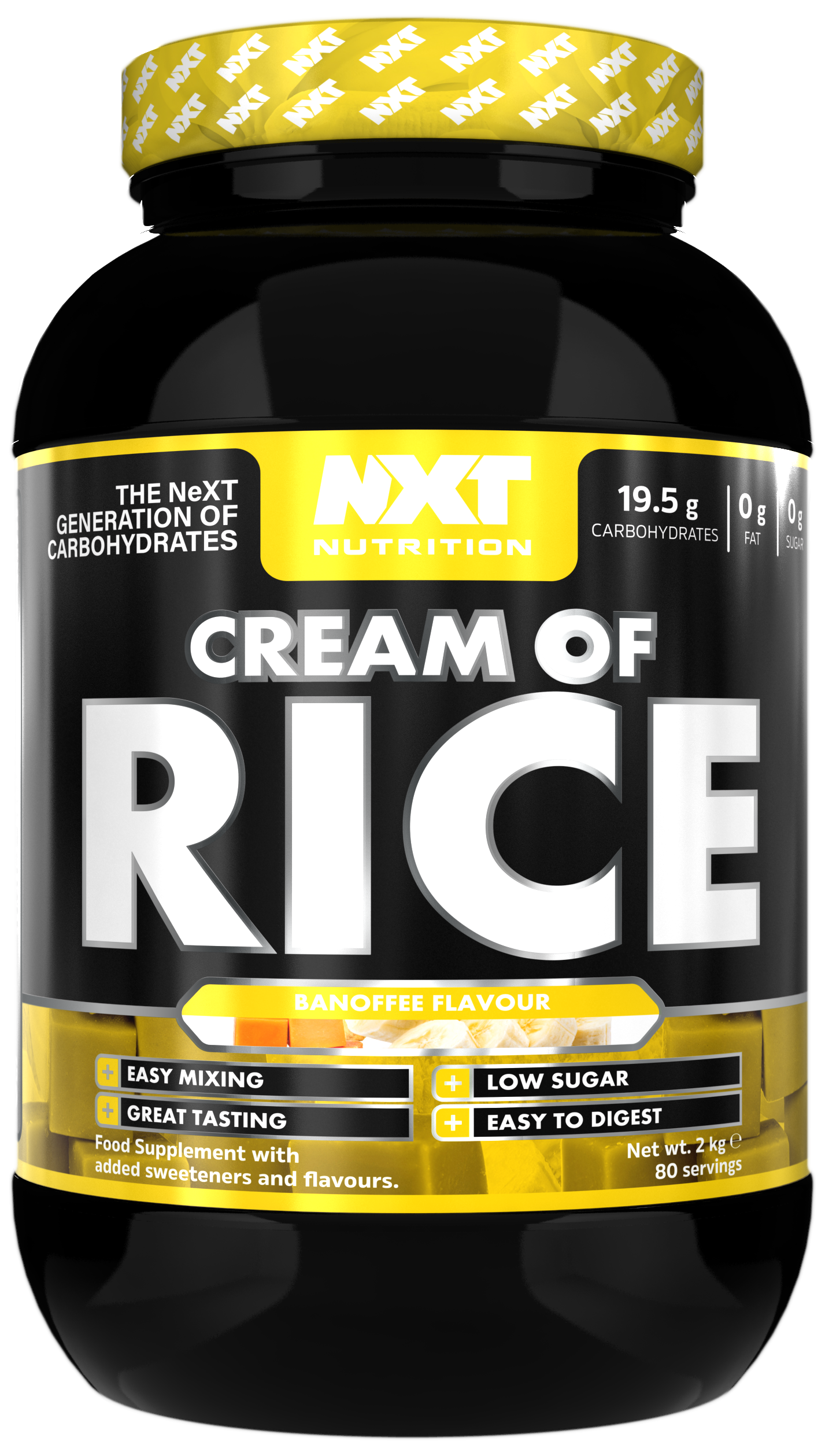 NXT Nutrition Cream of Rice 2kg Banana powder tub, black with yellow lid and label