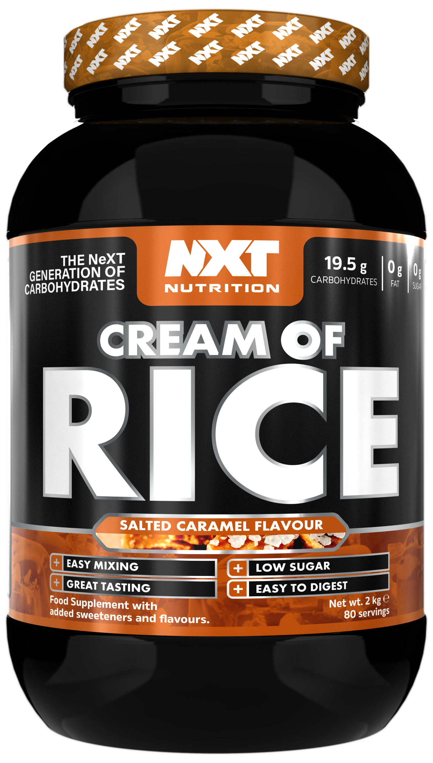 NXT Nutrition Cream of Rice 2kg salted caramel tub, front label with flavor text