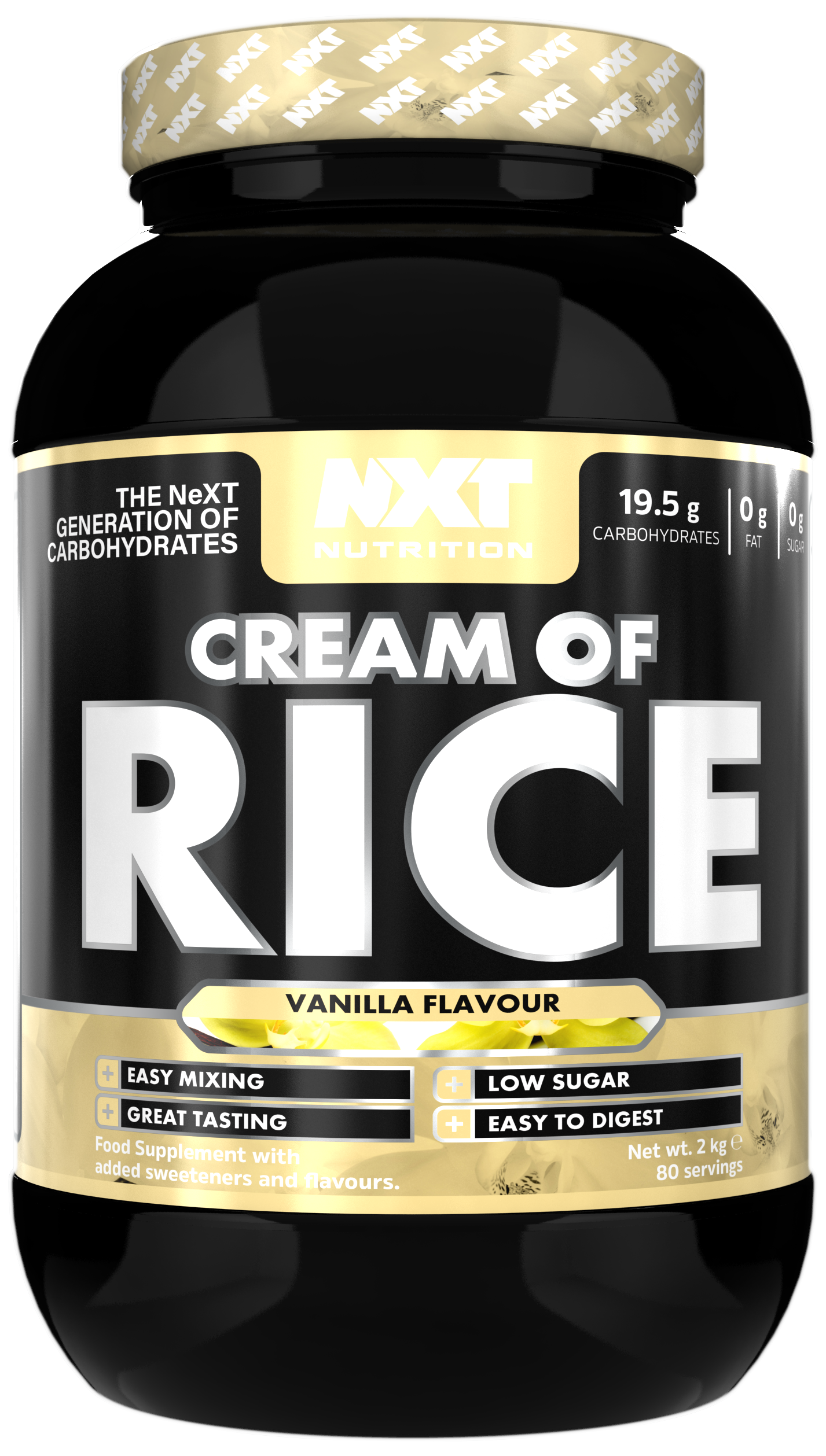 NXT Nutrition Cream of Rice Vanilla 2kg tub, label view