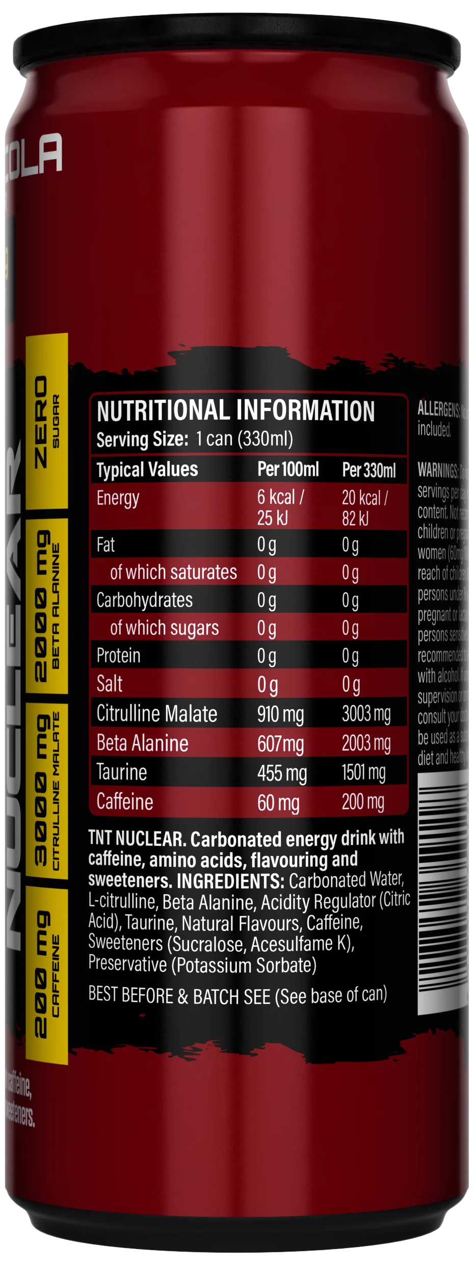 TNT NUCLEAR Energy-Drink 330 ml, Kirsche-Cola: Nährwerttabelle auf der Rückseite