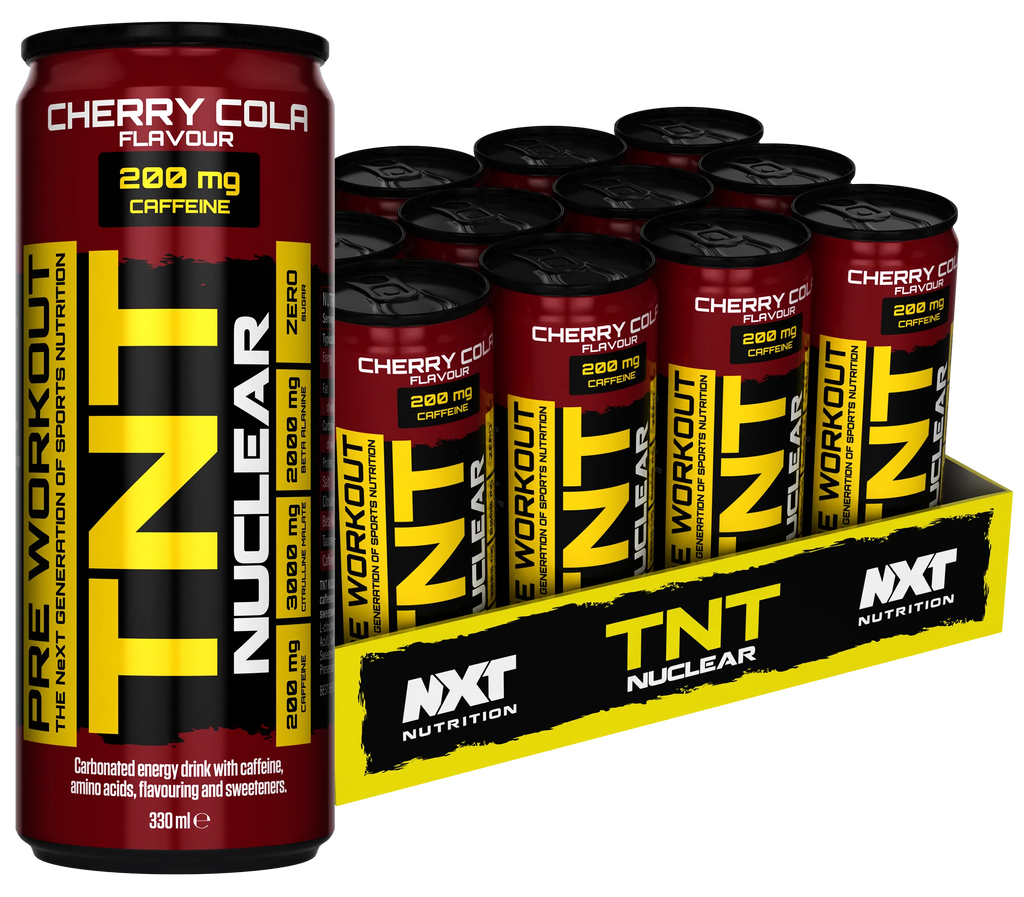 TNT NUCLEAR Energy-Drink 330 ml, Kirsche-Cola: Dosenstapel mit NXT-Label im Karton