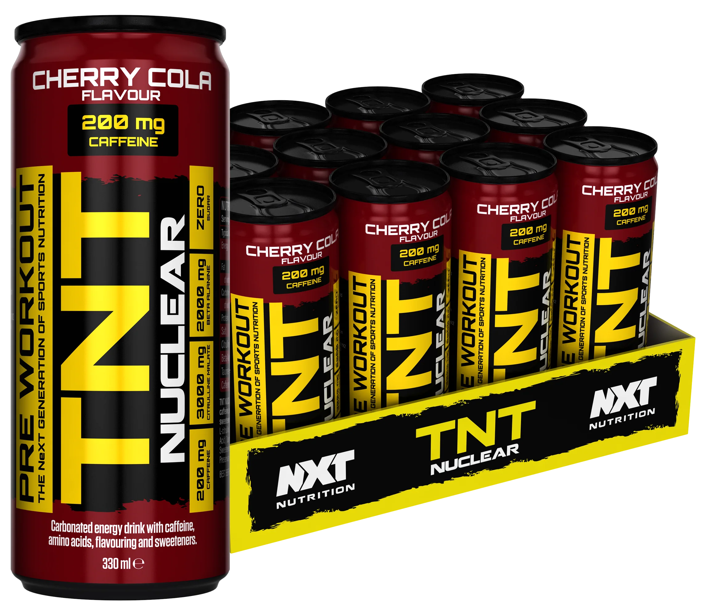 TNT NUCLEAR Energy-Drink 330 ml, Kirsche-Cola: Dosenstapel mit NXT-Label im Karton