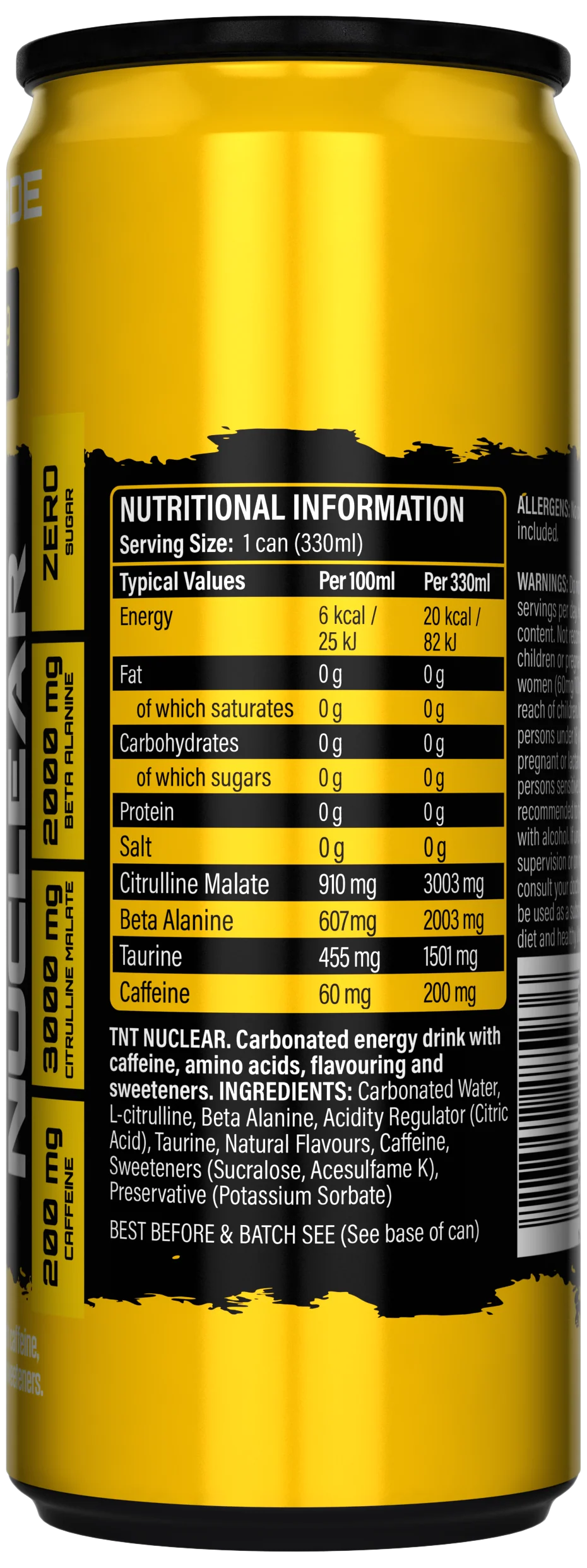 TNT NUCLEAR Energydrink-Dose Rückseite mit Nährwertangaben und Inhaltsstoffen