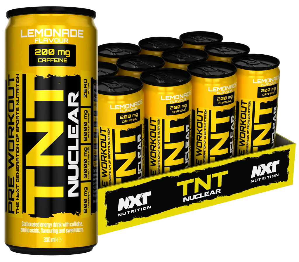 TNT NUCLEAR Energydrink-Dosen in Packung mit Lemonade-Frontetikett