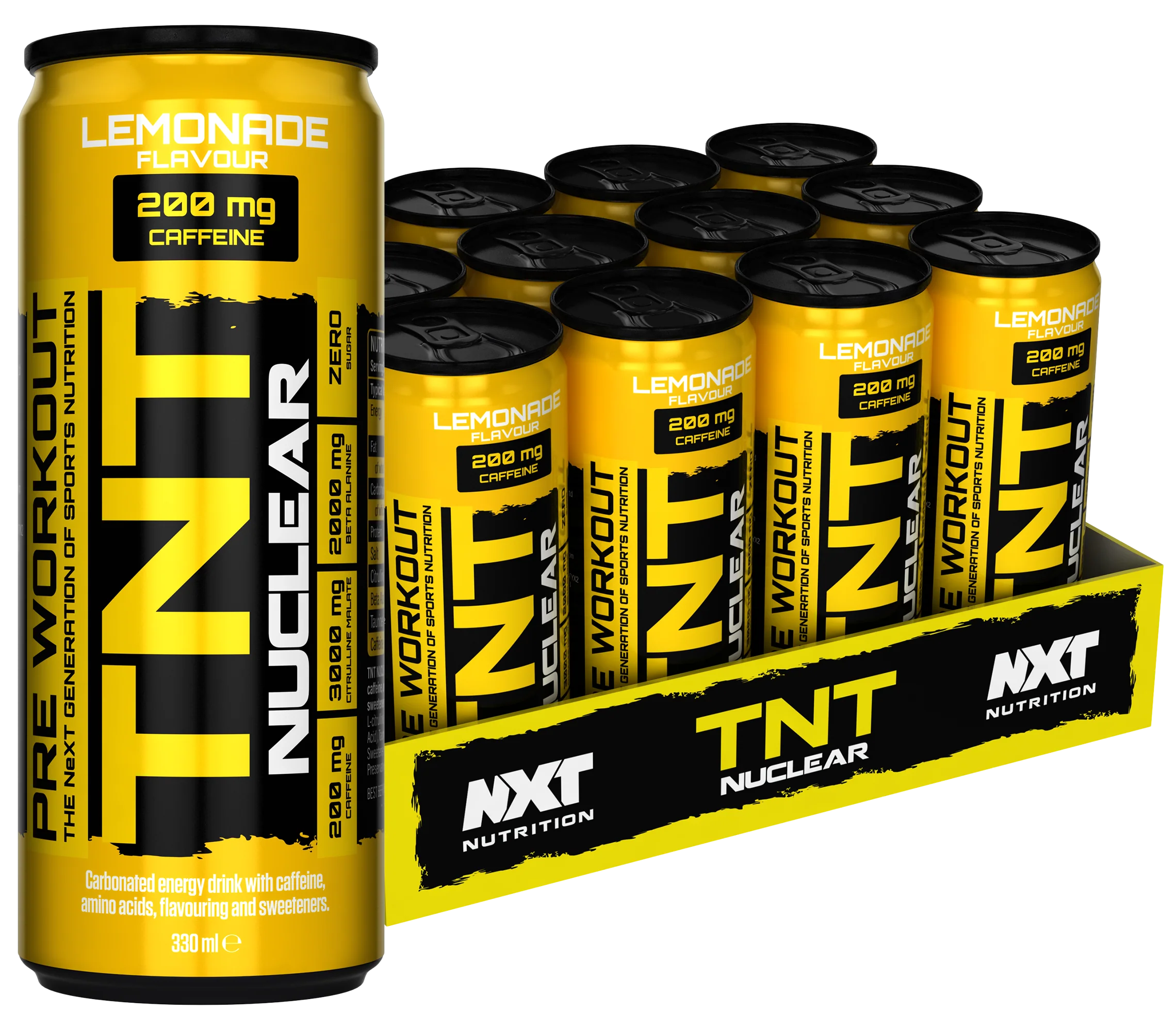 TNT NUCLEAR Energydrink-Dosen in Packung mit Lemonade-Frontetikett