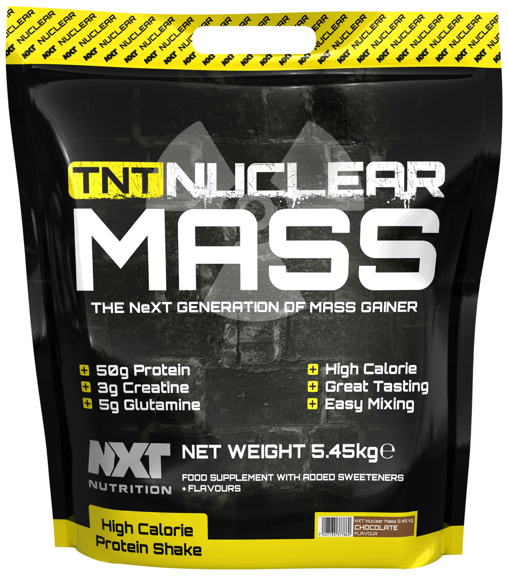 NXT TNT Nuclear Mass 5.45kg chocolate mass gainer bag, front label and net weight